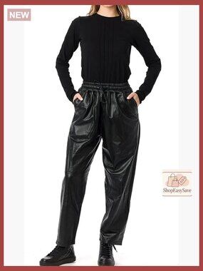 Real Lambskin Leather Pants Drawstring Elastic Waistband Relaxed Fit Straight